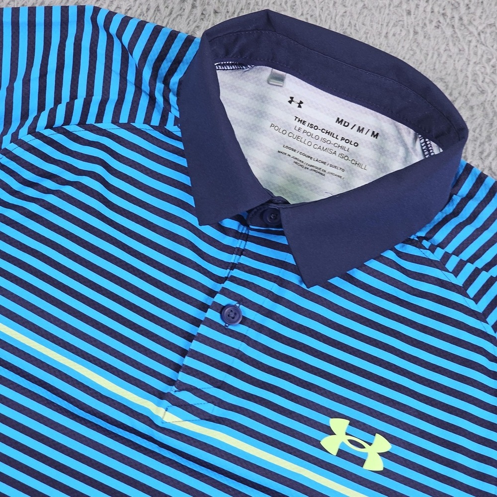 Under Armour Iso-Chill Polo Shirt Mens Medium Blue Striped Golf Stretch 1377296